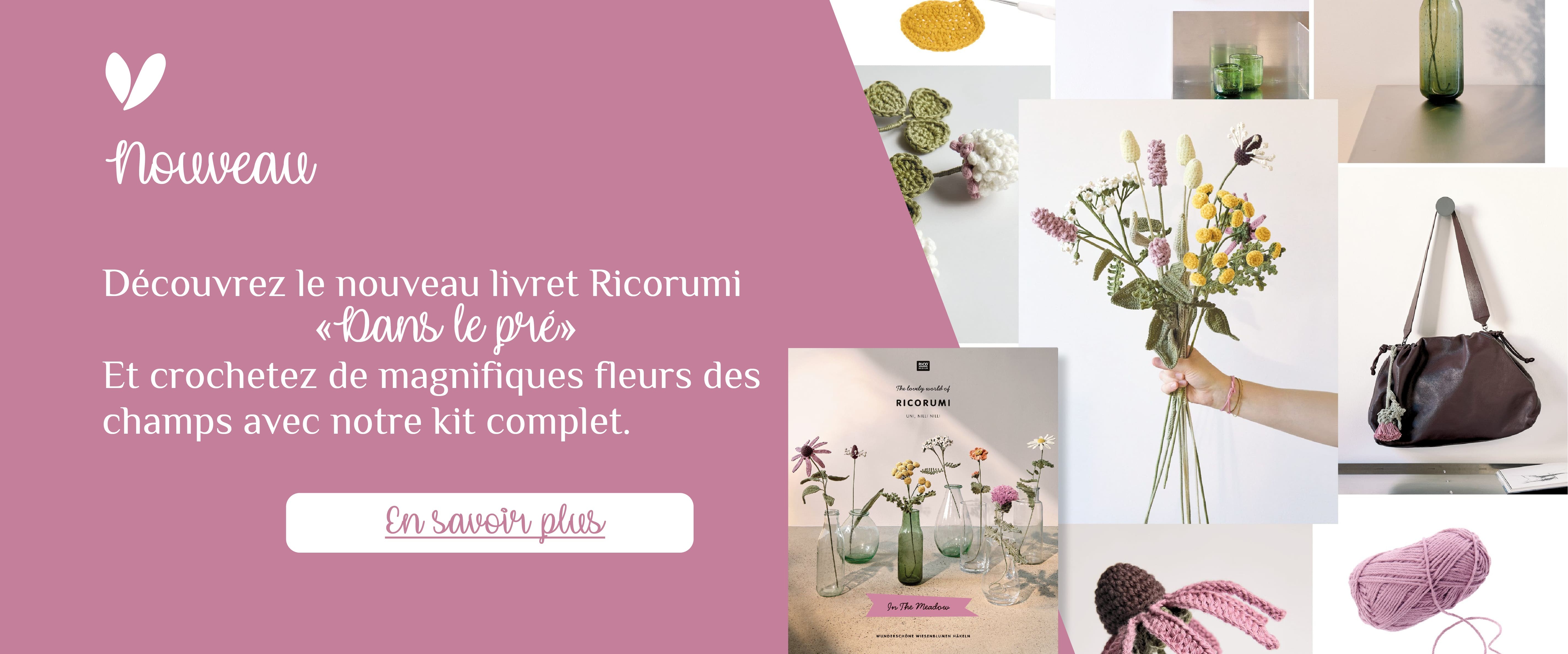 Nouveau : le livret Ricorumi « Dans le pré », pour crocheter de magnifiques fleurs des champs, avec son kit complet.
